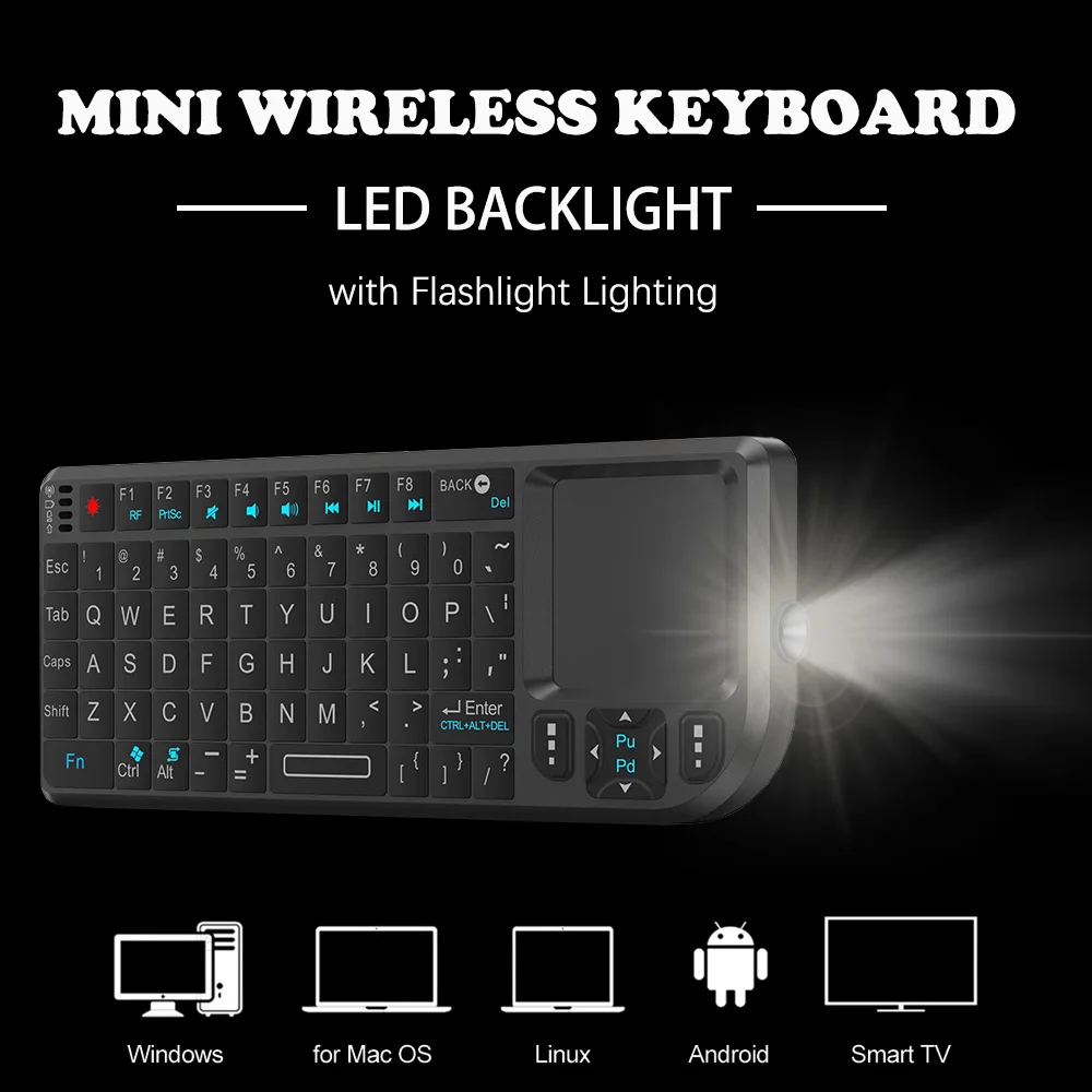 2,4 G kabellose Tastatur mit 7-Farben-Hintergrundbeleuchtung, Touchpad-Maus und Taschenlampe – tragbar, anwendbar – perfekt für PC-Smart-TV-Box Image