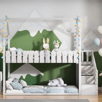 Kinderbett, Hochbett, mit Verkleidung und Zaun, Handlauftreppe, Schubladen, weiß, Kinsi Image
