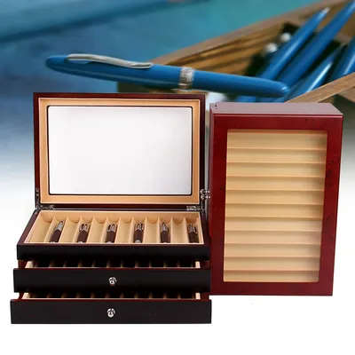 Wood Pen Display Box 34 Slot Pen Storage Organizer Box Luxury Fountain Pen Collector Case with Lid