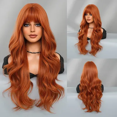 PARK YUN Long Wavy Orange Wig for Women Daily Use Fashion Synthetic Light Orange Wavy Hair Wigs with Bangs High Density 28Inch