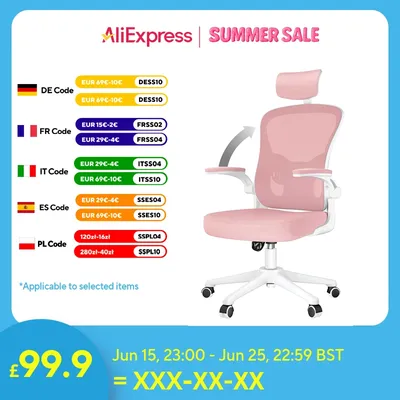 Pink Ergonomic Office Chair, Liftable High Back Gaming Chair with Lumbar Support Swivel Desk Gaming Chair Seat Depth Adjustable