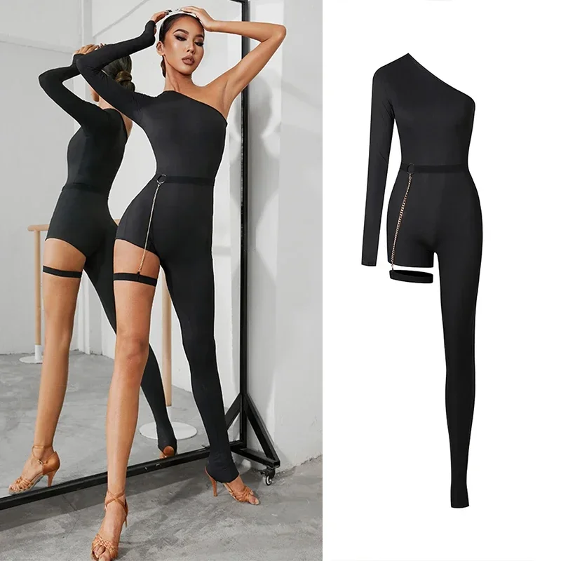 Frauen Rumba Salsa Tanz Kleidung Schwarz Latin Dance Hosen Sexy Schräg Schulter One-Sleeve-Bein Design Latin Dance Overall Image