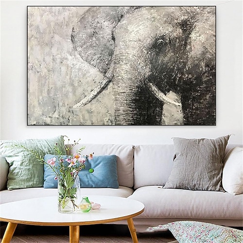 handgefertigtes Ölgemälde auf Leinwand, Wandkunst, Dekoration, Tier-Ölgemälde, schwarz-weißer Elefantenstil für die Inneneinrichtung, gerolltes, rahmenloses, ungedehntes Gemälde Image