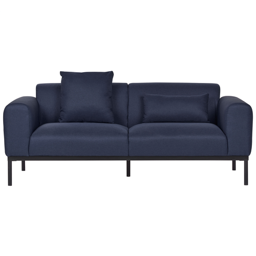 2-Sitzer Sofa Dunkelblau Stoffbezug Leinenoptik mit Breiten Armlehnen 2 Dekokissen Hohe Schwarze Metallfüße Freistellbar Retro Stil Wohnzimmer