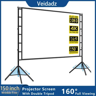 VEIDADZ Projector Screen With Stand White Wrinkle-Free 160° Viewing Angle 60-150 inch Double Sided