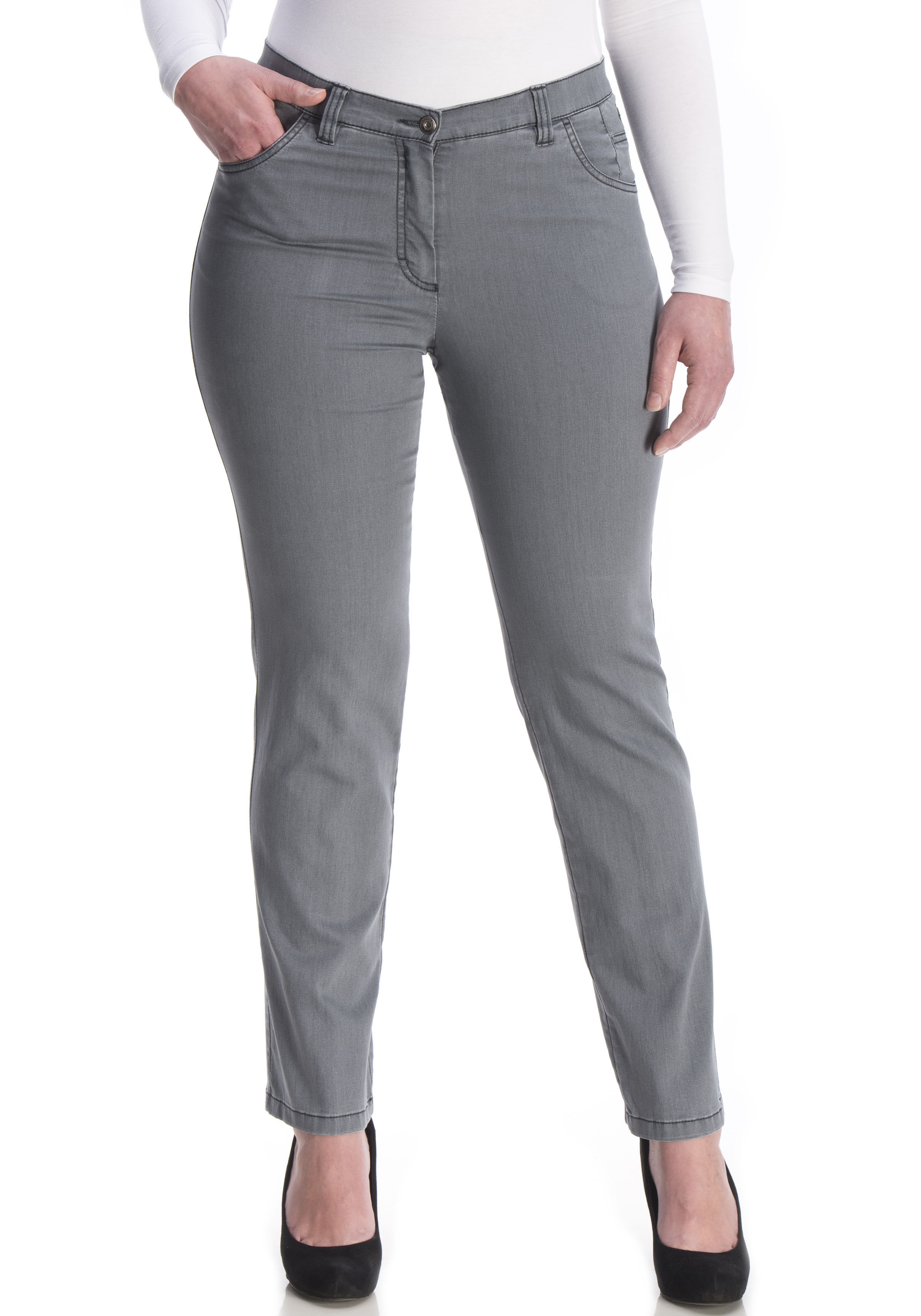 Stretch-Hose KJBRAND "Betty", Damen, Gr. 50 (25), K-Gr, grau (grau, kurzgrößen), Denim/Jeans, Obermaterial: 78% Baumwolle, 18% Polyester, 4% Elasthan, gerade lang, Hosen, super Stretch