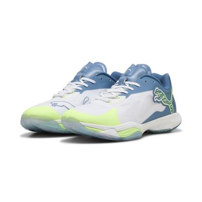 Trainingsschuh PUMA "Vantage NITRO™ Hallenschuhe Erwachsene" Gr. 44.5, weiß (white blue horizon fizzy apple yellow) Schuhe