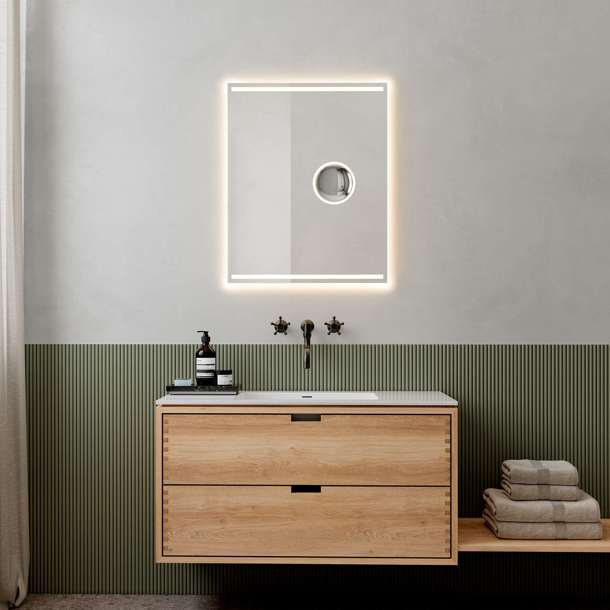 Badspiegel LOEVSCHALL "Focus, Spiegel mit Beleuchtung, Integrierter Schminkspiegel", weiß, B:60cm H:75cm T:2,5cm, Spiegelglas, Spiegel, Badspiegel, LED licht, Dänisches Design, Lichtspiegel, x5 Vergrößerung