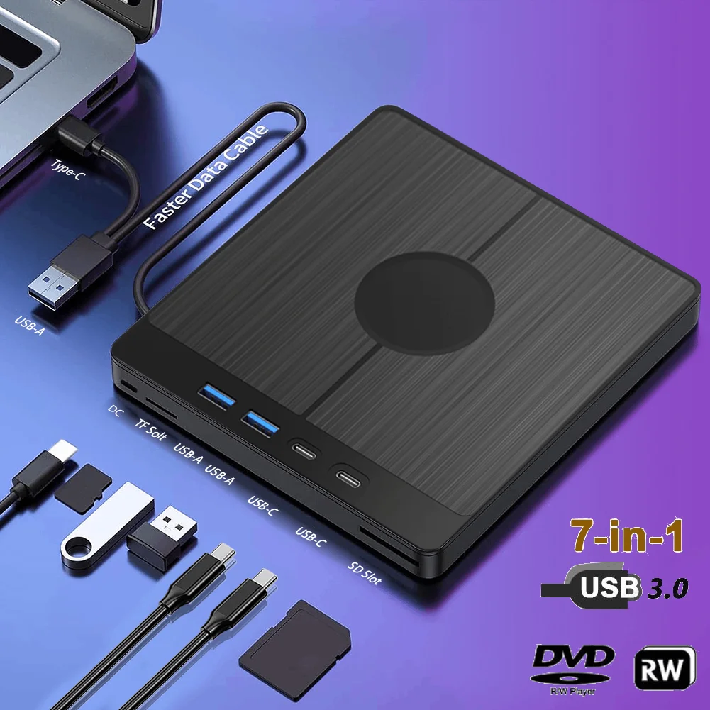 7 in 1 unità CD/DVD esterna lettore di unità disco CD/DVD masterizzatore lettore con 2 porte USB/Type-C USB 3.0 per PC Desktop portatile