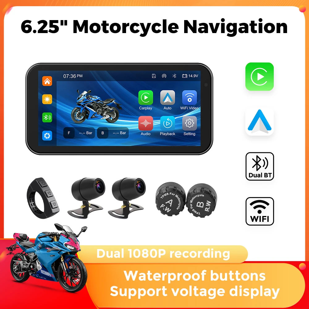 NaviFly 6,25" tragbare Motorrad-GPS-Navigation, wasserdicht, Carplay-Display, Motorrad, kabellos, Android, Auto-Monitor, TPMS Image