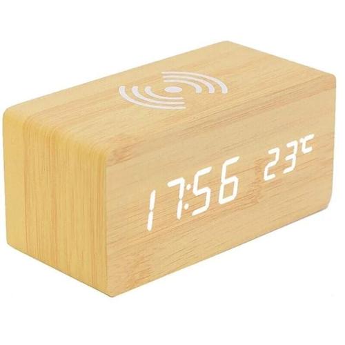 Digitaler Thermometer-Wecker, Holz-Digitalwecker, LED-Digital-Holzwecker mit kabellosem Ladegerät,