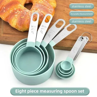 8PCS Measuring Cup Measuring Spoon Set with Stainless Steel Handle and Scale for Measuring Grain and