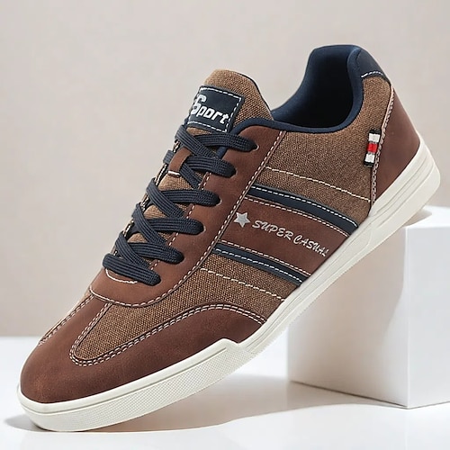 Herren Turnschuhe Retro PU Leder Komfortabel Rutschfest Schnürsenkel Blau Braun Grau Image