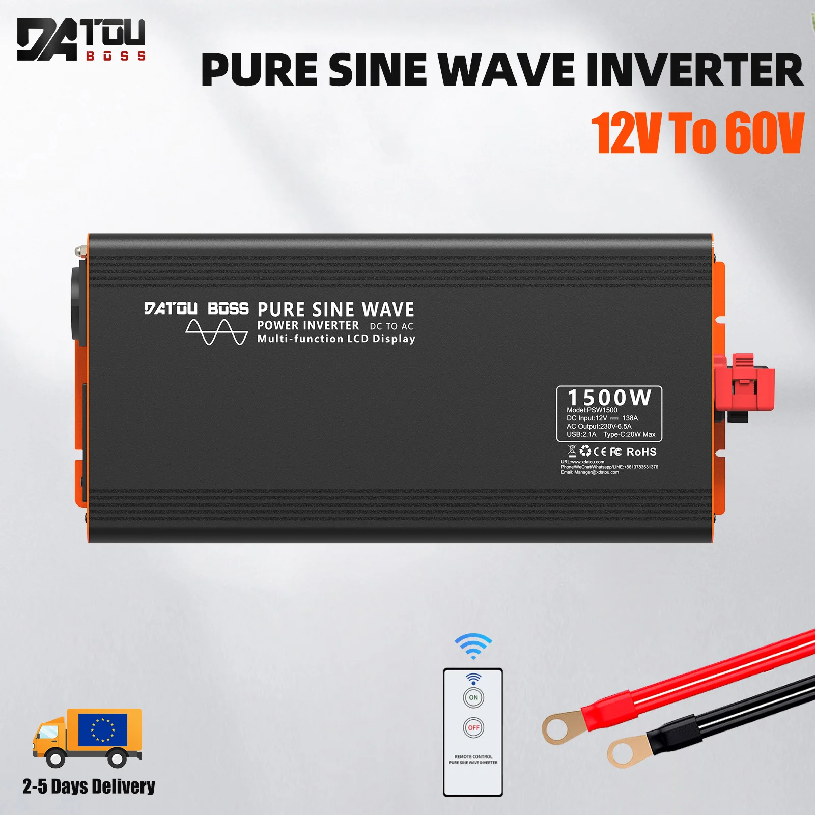 DATvissed BOSS Onduleur à onde sinusoïdale PSW-1500W DC à AC Convertisseur d