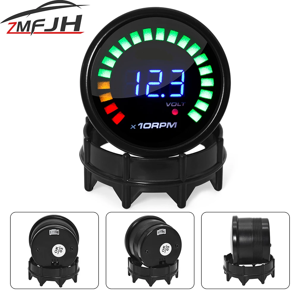 2 ''52mm Auto Drehzahl messer U/min Meter digital analog 20 LED Tacho Rev Zähler Manometer mit Volt fit für 4/6/8 Zylinder 12V Auto Image
