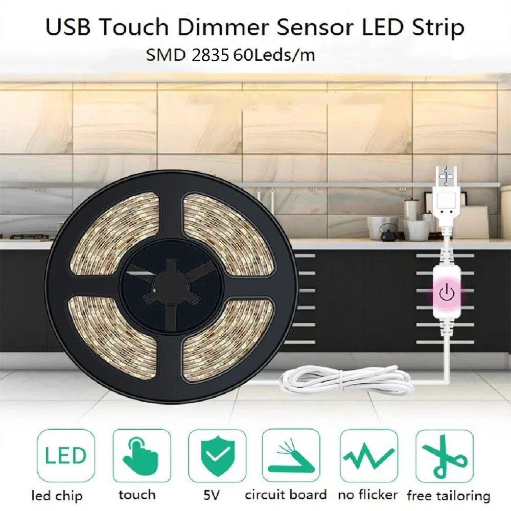Intelligente USB-LED-Streifen, DC 5 V, LED-Touch-Schalter, 30 LEDs/m, 2835, dimmbare, flexible Lampe für Zimmer, Küche, Treppen, Schrankbeleuchtung, Dekor