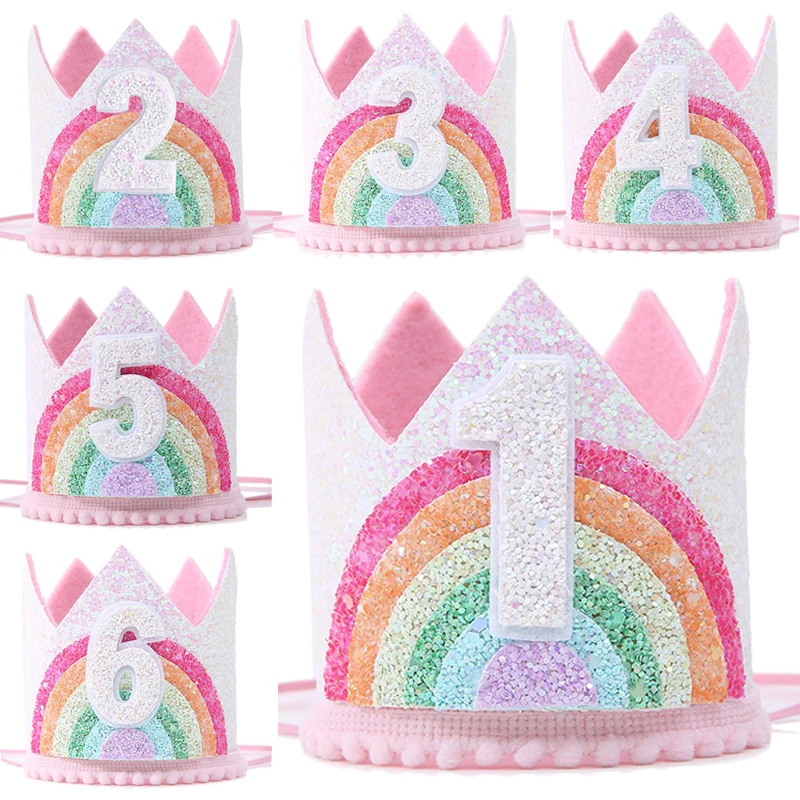 Filz Regenbogen Thema Geburtstag Party Krone 1. 2. 3. Alles Gute zum Geburtstag Party Dekor Kinder Baby Dusche Party Nummer Hut Einhorn Party Image