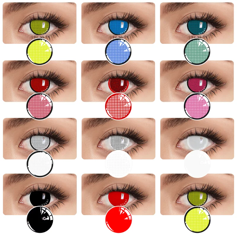 UYAAI-Lentilles de Contact Colorées pour Documents Cosplay, Série Halloween Mesh, Rouge, Blanc, Bleu, Accessoires Anime, 1 Paire