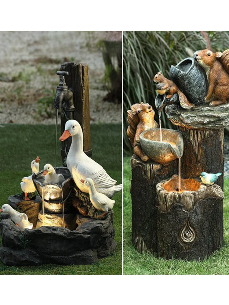 Fontaine de Patio en résine à énergie solaire D2, Design de jardin avec lumière Led, canard, écureuil, bâtiments de jardin, décoration de Simulation pour l'extérieur