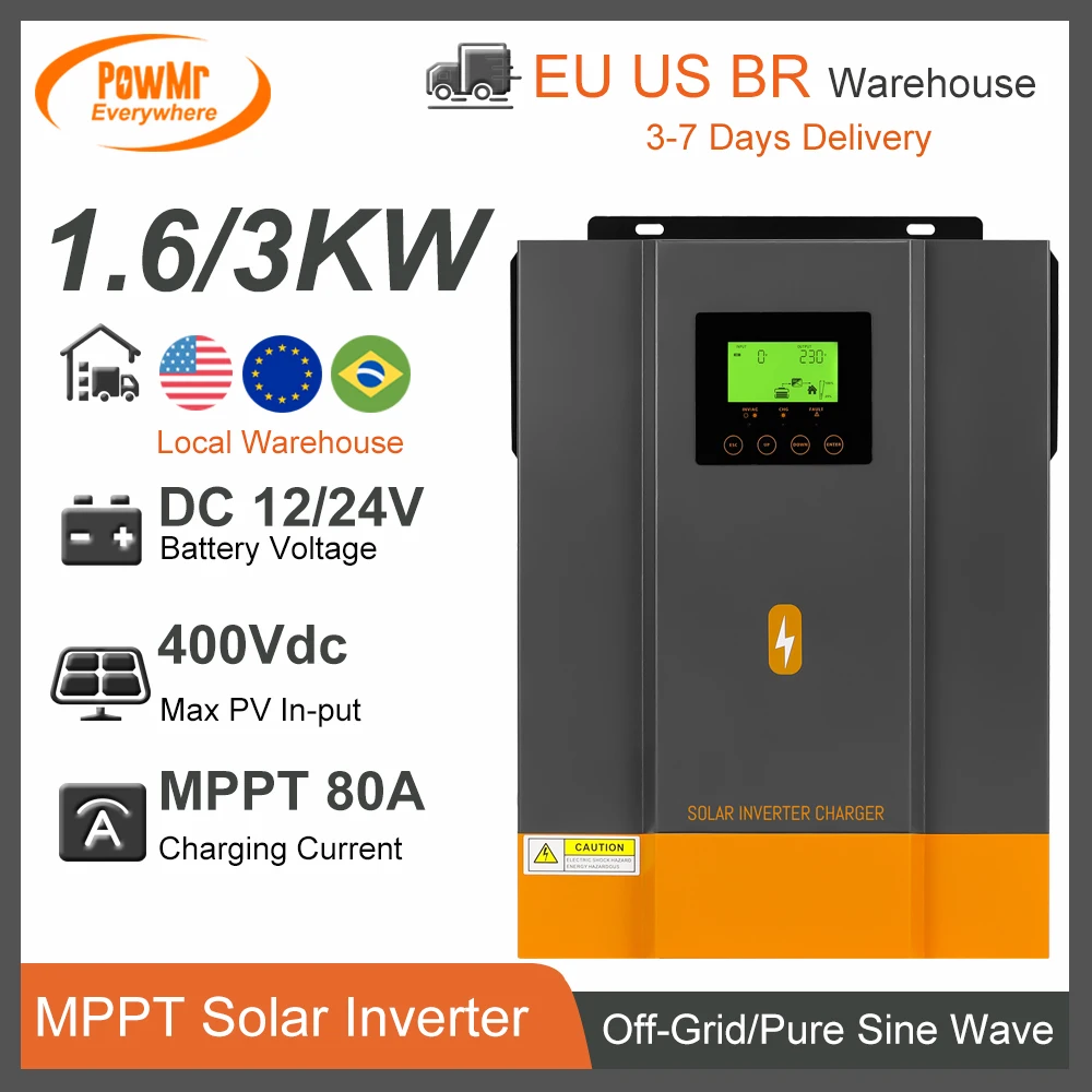PowMr-Onduleur hors réseau, charge solaire MPPT 80A, onde sinusoïdale pure, max long, 230V, onduleur à usage domestique, 3KW, 1,6 KW, 12V, 24V, AC 400V intégré