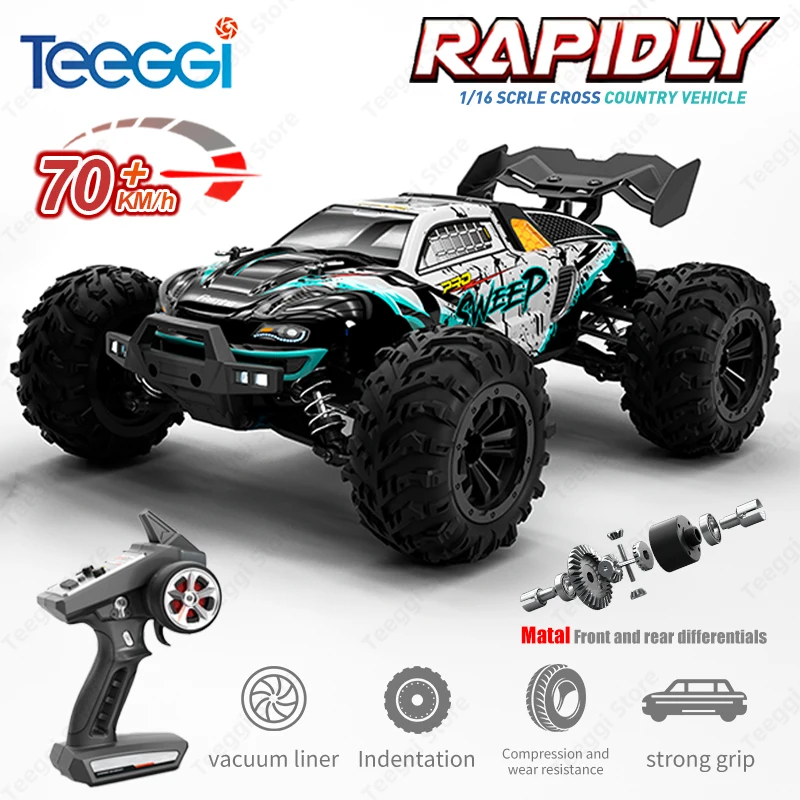 Teeggi 16101 /16102 PRO 1:16 voiture RC haute vitesse avec dérive de lumière LED 70 KM/H 4WD RC voiture tout-terrain Monster Truck jouet pour cadeaux pour enfants