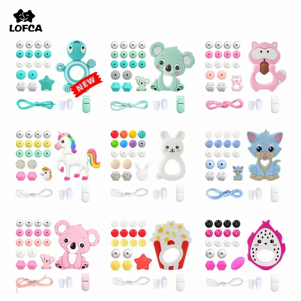 LOFCA Silicone anneau de dentition bois perles ensemble sans BPA bricolage bébé dentition collier jouet dessin animé Koala raton laveur sucette chaîne Clip