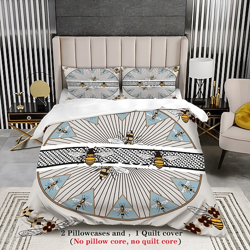 Luxuriöses 3-teiliges Bettwäscheset mit geometrischem Farbblock und abstrakter Biene – elegantes und modernes Design – beinhaltet Bettbezug und Kissenbezüge – weicher und hochwertiger Stoff – perfekt Image