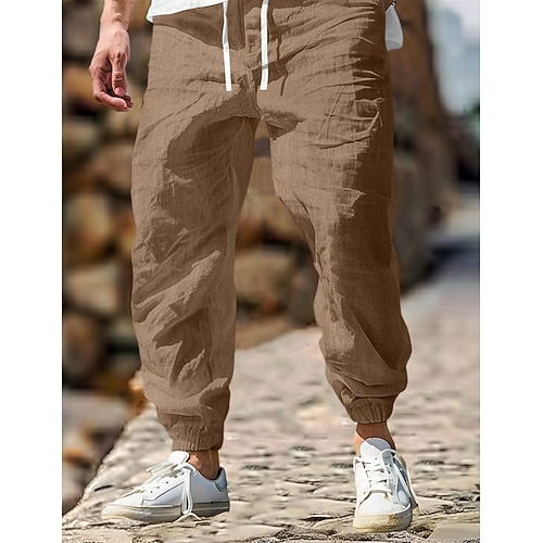 Herren Leinenhosen Hose Sommerhose Elastischer Bund Gerader Schnitt Hohe Taille Einfarbig Komfort Atmungsaktiv Volle Länge Outdoor Heim Lässig Urlaub Mode Graues Grün Schwarz Hohe Taille Unelastisch Image