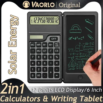 2 IN 1 Foldable Solar Energy Calculator 12 Digits LCD Display Desktop With 6 Inch Writing Tablet Pen