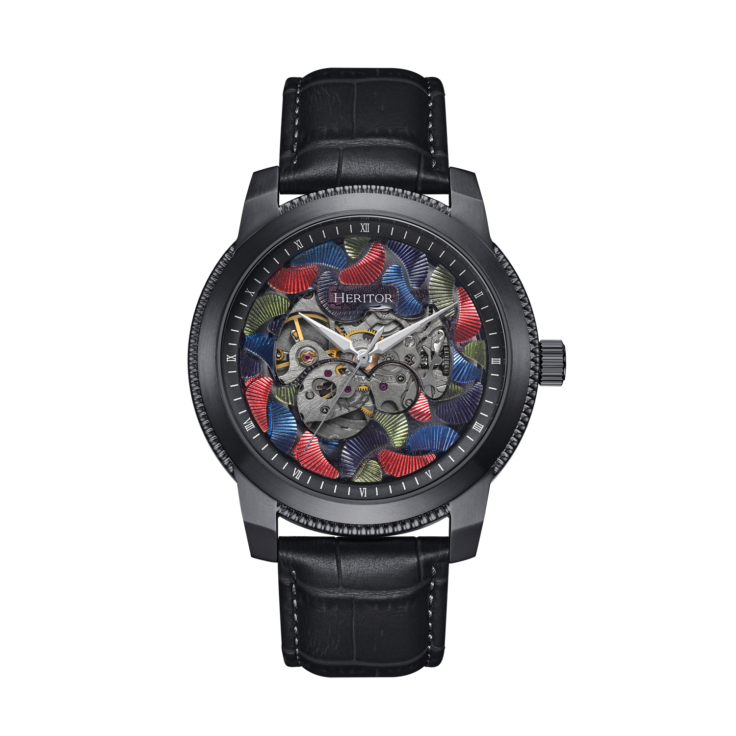 Heritor Automatic Mens Emmanuel Semi-skeleton Leather-band Watch - Black Stainless Steel - One Size