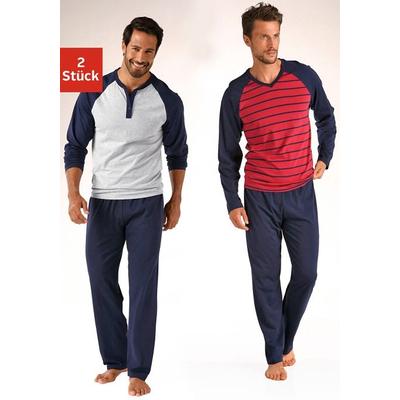 Pyjama LE JOGGER, Herren, Gr. 60/62, rot (grau, meliert, rot), Jersey, Obermaterial: 100% Baumwolle, gestreift, Basic, lang, Rundhals, Langarm abgesteppte Kante, Homewear-Sets, in langer Form, mit Raglanärmeln Image