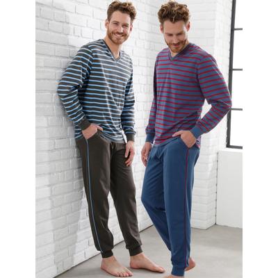 Schlafanzug WÄSCHEPUR, Herren, Gr. 56/58, blau (graphit, jeansblau), 100% Baumwolle, Langarm, Homewear-Sets Image