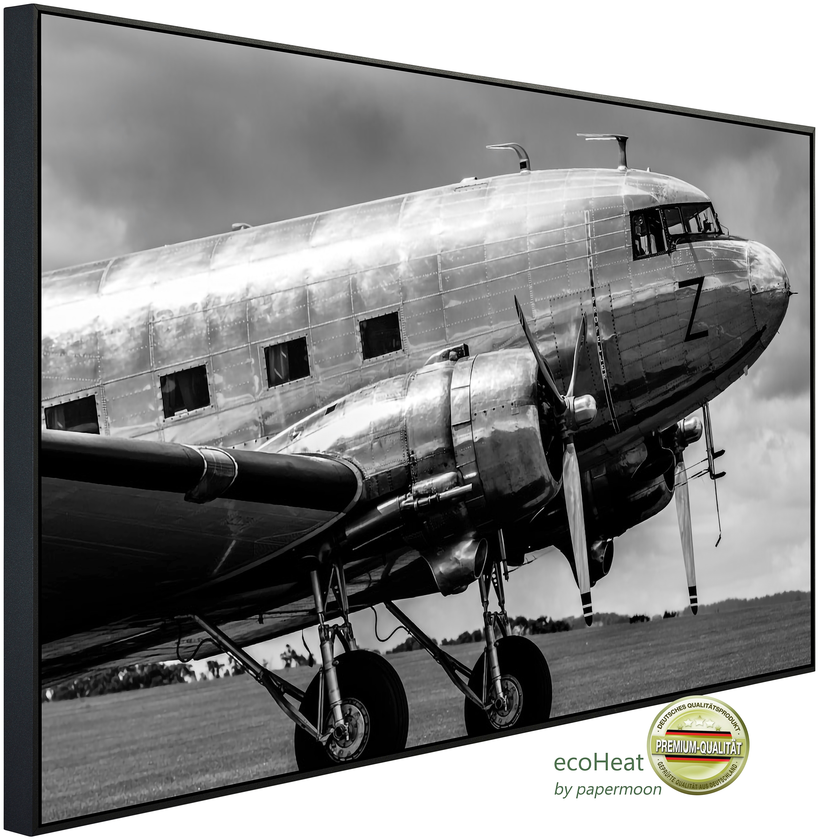 PAPERMOON Infrarotheizung "Vintage Verkehrsflugzeug Schwarz & Weiß", bunt (kunstmotiv im aluminiumrahmen), B/H/T: 120cm x 90cm x 3cm, 1.200 W, Heizkörper, sehr angenehme Strahlungswärme