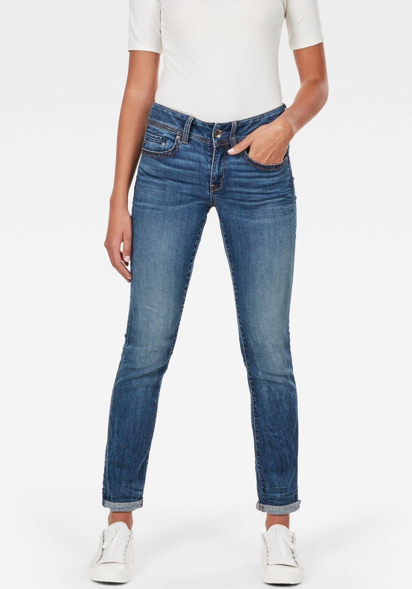 Straight-Jeans G-STAR "Midge Straight Women", Damen, Gr. 28, Länge 32, blau (medium indigo aged, elto superstretch), Denim/Jeans, Obermaterial: 91% Baumwolle, 7% Elastomultiester, 2% Elasthan, gerade lang, Jeans Straight-Jeans, mit Used-Effekten