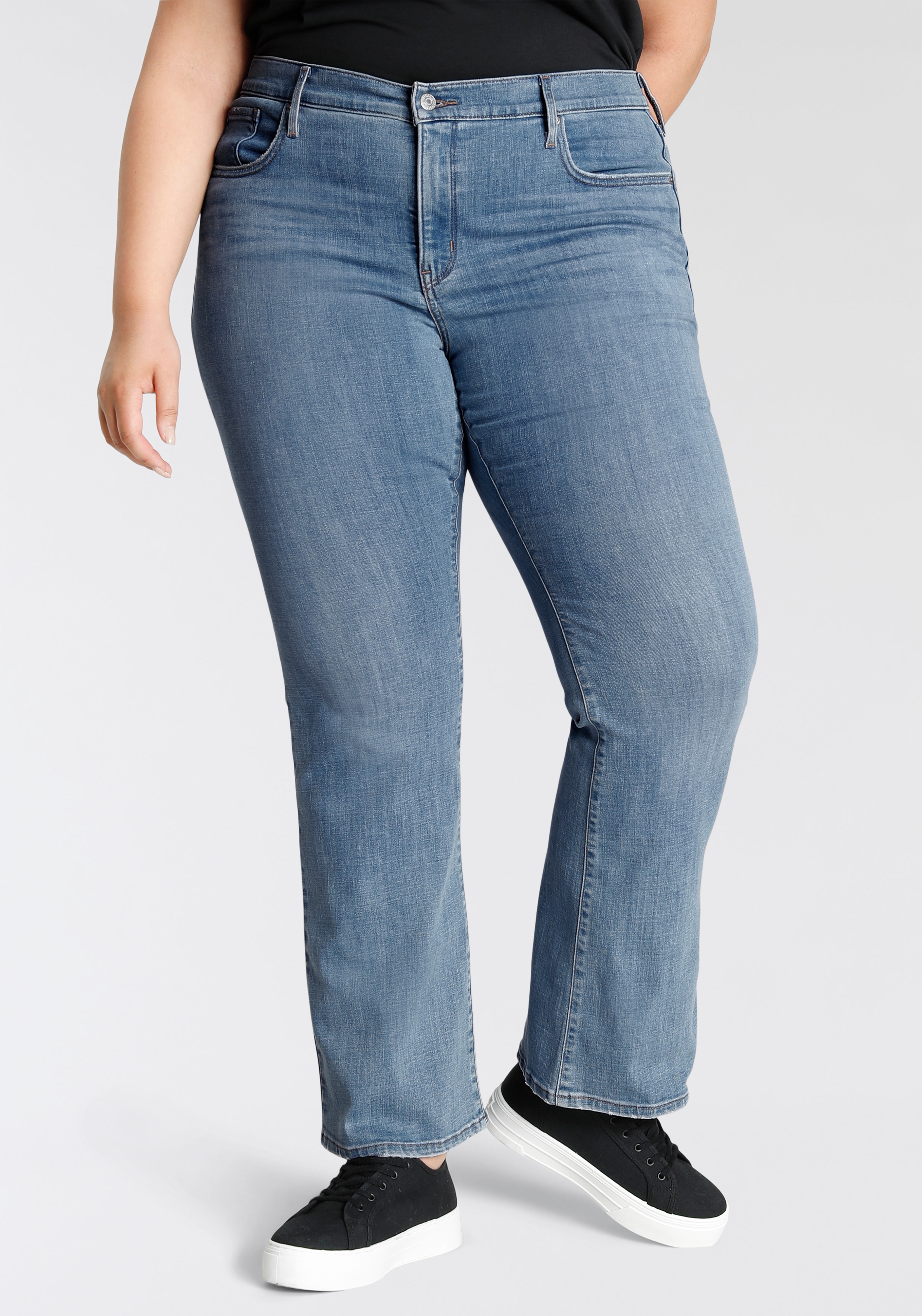 Bootcut-Jeans LEVI'S PLUS "315", Damen, Gr. 14 (46), Länge 30, blau (mid, blau, used), Denim/Jeans, Obermaterial: 60% Baumwolle, 23% Viskose, 16% Polyester, 1% Elasthan, bootcut fit lang, Jeans, Shaping