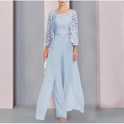 TS Jumpsuit / Pantsuit Mother of the Bride Dress Formal Wedding Guest Elegant Wrap Included Square Neck Floor Length Chiffon Lace Sleeveless Wrap Included with Appliques 2025