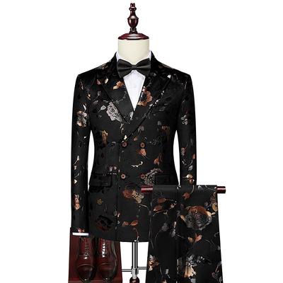 Black Men's Print Suits Outfit Party Evening Suits Jacquard Floral 2 Piece Party Luxury Retro Vintage Tailored Fit Single Breasted One-button Dark Navy