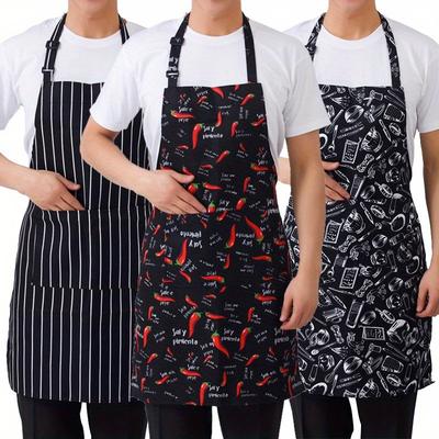 TEMU Adjustable Half-length Adult Apron With 2 Pockets - Stylish Striped, Chili Pepper, And Kitchen Utensil Patterns - Ideal For Cooking, Bbq, And , Cooking Apron|stylish Striped Apron|pocketed Apron Image