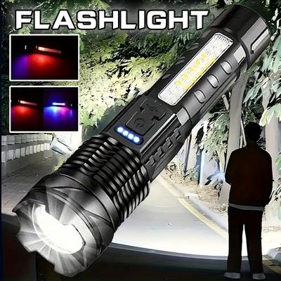 TEMU 1pc Portable Camping Flashlight, Usb Rechargeable Led Handheld Torch With Red-blue Warning Light, For Fishing, Adventure, Emergency, Hiking, Adventure, Outdoor Searchlight For Hotel Use Image