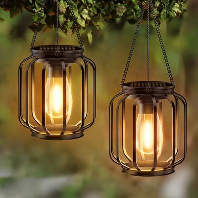 TEMU 2 Pack Metal Solar Outdoor Lights, Hanging Solar Lanterns Outdoor With Larger Led Bulb, Ipx5 Solar Lights Garden Decorations Outside For Outdoor Terrace Lawn Balcony Yard Garden Decoration Image