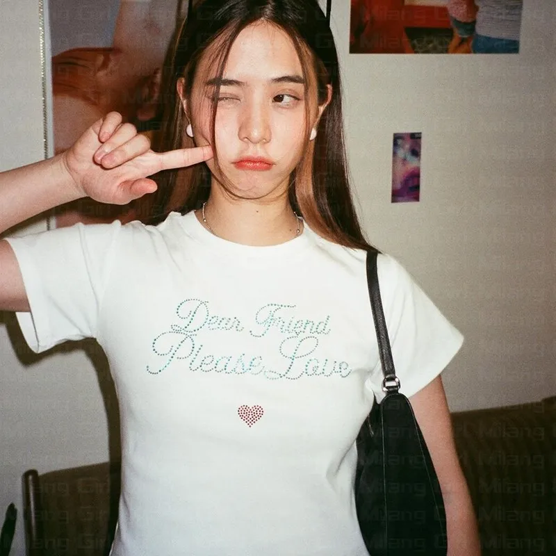 Sommer Strass Buchstaben niedlichen Harajuku O-Ausschnitt Kurzarm T-Shirts Grafik gedruckt Grunge weiß Crop Tops Baby T-Shirt Gothic y2k Image