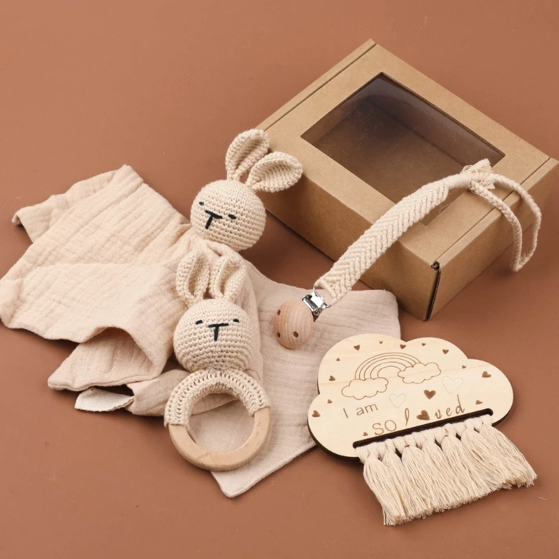 5-in-1 Baby-Spucktuch, Schnullerkette und Beißring-Set mit Quasten, Holzbrett QX2D Image