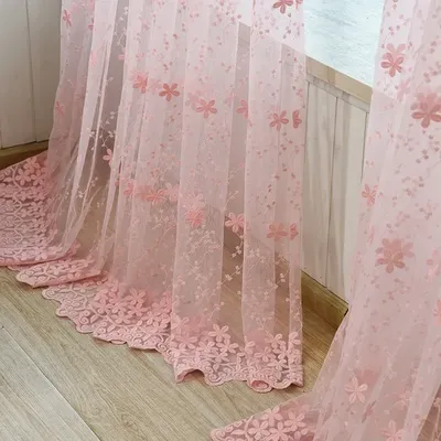 Pink Flower Embroidered Sheer Curtain French Vintage Voile Farmhouse Curtain for Bedroom Romantic Bay Window Drapes Grommet Top