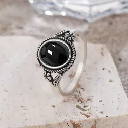 Bague Vintage en argent Sterling 925, Onyx noir naturel, 8x10mm, en forme de fleur, œil de tigre, bijoux fins pour femmes