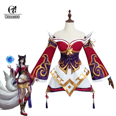 ROLECOS Spiel LOL Neunschwänziger Fuchs Ahri Cosplay Kostüm Ahri Cosplay Perücke Spiel LOL Ahri Kostüm Frauen Rotes Kleid Komplettset Image