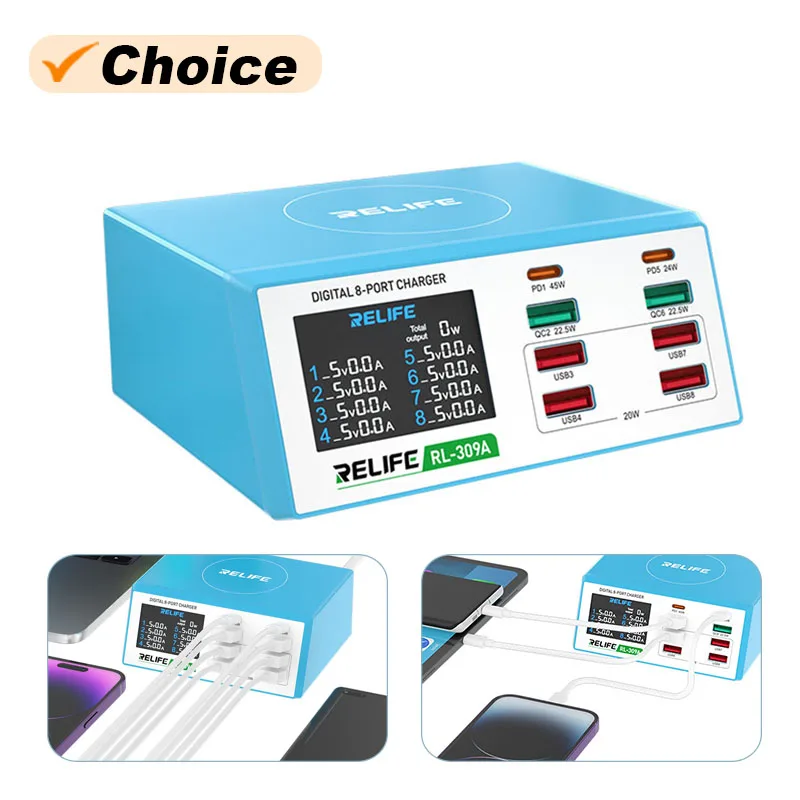 Relife RL-309A 8-Port-100-W-Hochleistungs-Schnellladewerkzeug für Tablet-Laptops für Mobiltelefone pd 3,0 qc 3,0 Digital anzeige ladegerät Image