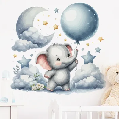 Blaue Cartoon-Elefant-Mond-Wandaufkleber für Kinderzimmer, Kinderzimmer, Dekor, Schlafzimmer, Wohnzimmer, Dekoration, Wandaufkleber Image