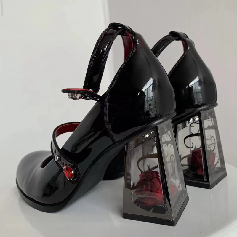 Punk Gothic High Heels Pumps Frau Knöchelriemen Schwarz Mary Jane Schuhe Frauen 2025, Neue Rose Mit Hohen Absätzen Patent Leder Lolita Schuhe Image