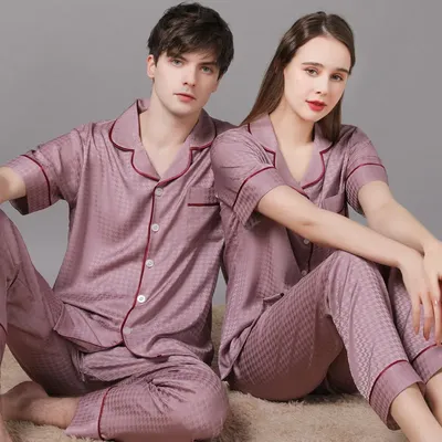 Hochwertige Paar Pyjamas Anzug Sommer Kurzarm lange Hose nach Hause Stoff Männer Eis Seide dünne Image