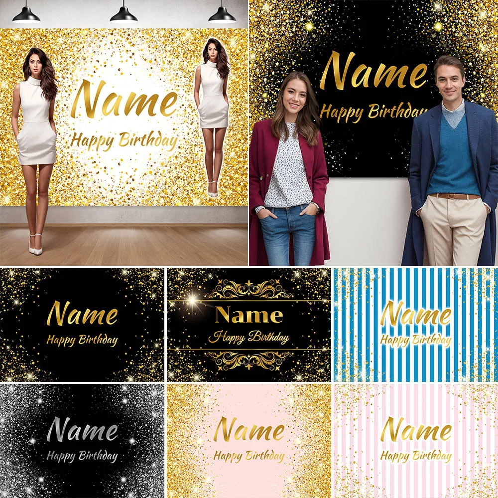 Benutzerdefinierte Name Foto Geburtstag Hintergrund Banner Schwarz Gold Zeichen für Geburtstag Jahrestag Party Foto Hintergrund Hintergrund Dekoration Image